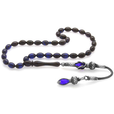 1000 Carats Silver Tassels With Tassels Sliced ​​Barley Filtered Blue-Black Pressed Amber Rosary