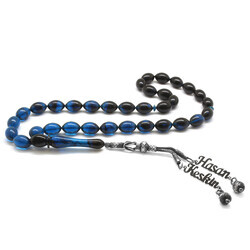 1000 Ct Blue Pressed Amber Tasbih With Double Tassel And Tasbee - Thumbnail