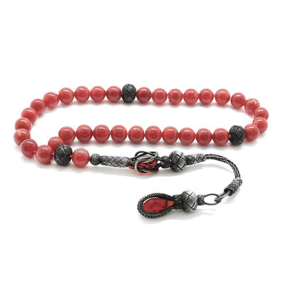1000 ct Silver globe with tassel and tassel Red mother-of-pearl Natural Tasbih stone - 1