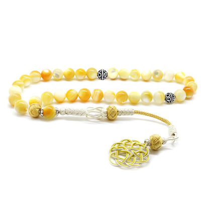 1000 ct Silver globe with tassels and tassels, yellow mother-of-pearl Natural Tasbih stone - 1