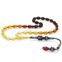 1000Ct Red Solitaire With Yellow Barley Tassel - Red Drop Amber Rosary - Thumbnail