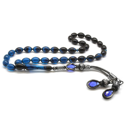 1000K Silver Tasbih Tasbih Barley Sliced ​​Filtered Blue-Black Amber Tasbih - 1