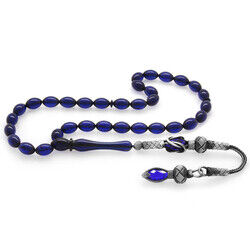 1000K Silver Tassel And Tassel Barley Prayer Beads Dark Blue Pressed Amber Prayer Beads - 2