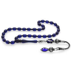 1000K Silver Tassel And Tassel Barley Prayer Beads Dark Blue Pressed Amber Prayer Beads - 3