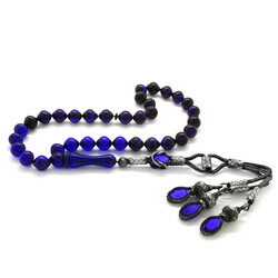 1000K Silver Tassel Tassels Istanbul Cut Filtered Blue-Black Pressed Amber Rosary - 3