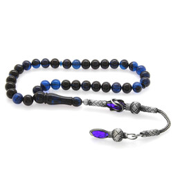 1000K Silver Tasseled Globe Cut Blue-Black Spin Amber Rosary - 1