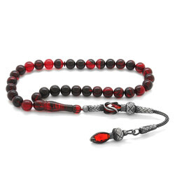 1000K Silver Tasseled Globe Cut Red-Black Fire Amber Rosary - Thumbnail