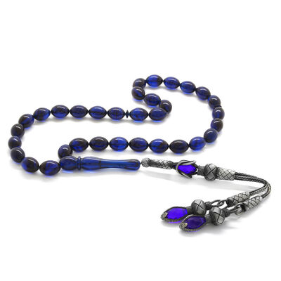 1000K Silver Tasssel Tasseled Barley Cut Blue-Black Pressed Amber Rosary - 1