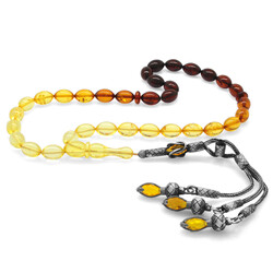 1000K Silver Tria Kazaz Tasseled Barley Cut Yellow - Red Drop Amber Rosary - 1