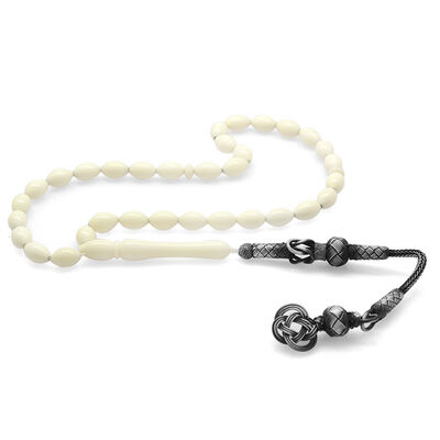 1000 Sterling Silver Kazaz Tasseled Barley Cut Camel Bone Rosary - 1