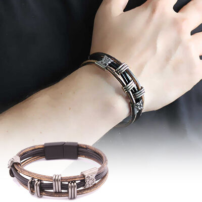 3-Row Combined Steel And Leather Mens Bracelet With Ship Helmet Design