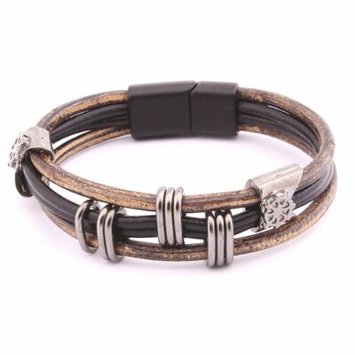 3-Row Combined Steel And Leather Mens Bracelet With Ship Helmet Design