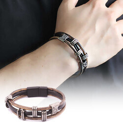 3-Row Combined Steel And Leather Mens Bracelet With Ship Helmet Design - Thumbnail