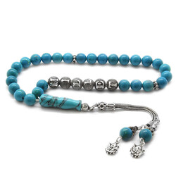 925 Sterling Silver Armored Sphere With Tassels Name Written İn Turquoise Natural Stone Tasbih - Thumbnail