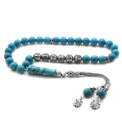 925 Sterling Silver Armored Sphere With Tassels Name Written İn Turquoise Natural Stone Tasbih