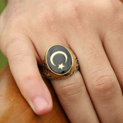 925 Sterling Silver Black Enameled Crescent And Star Ring - Thumbnail