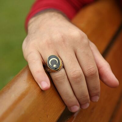 925 Sterling Silver Black Enameled Crescent And Star Ring - Thumbnail