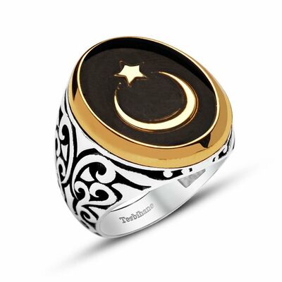 925 Sterling Silver Black Enameled Crescent And Star Ring - Thumbnail