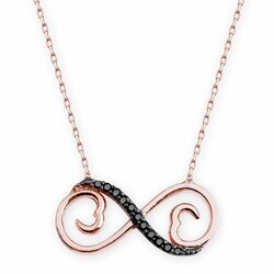 925 Sterling Silver Black Zircon Stone Double Heart Infinity Model Necklace - Thumbnail
