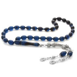 925 Sterling Silver Double Tassel Barley Filtered Blue Black Amber Rosary - 1