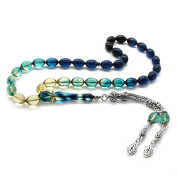 925 Sterling Silver Double Tassel Barley Filtered Blue White Fire Amber Rosary - Thumbnail