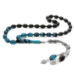 925 Sterling Silver Double Tassel Barley Filtered Turquoise Black Amber Rosary - Thumbnail