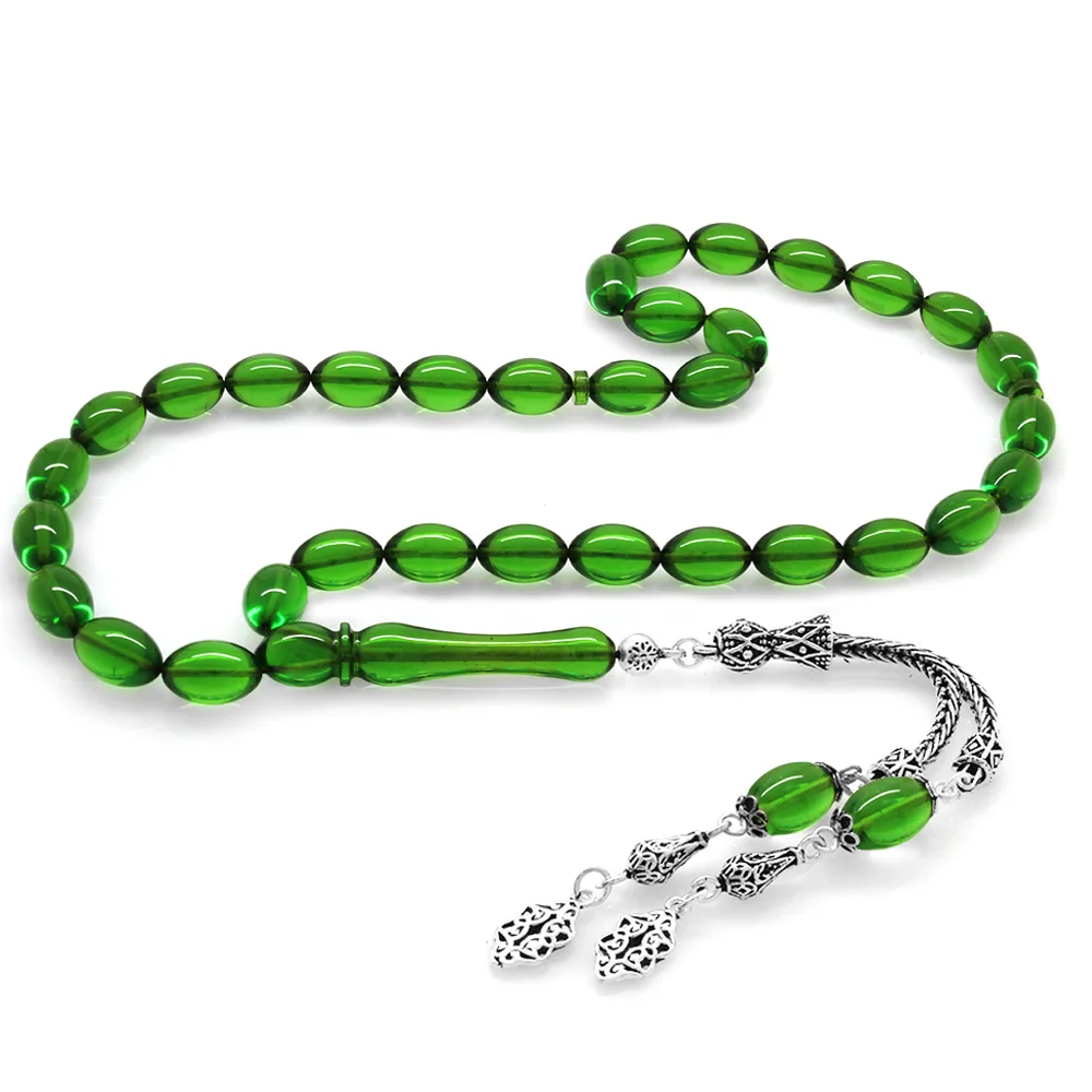 925 Sterling Silver Double Tasseled Barley Cut Green Fire Amber Rosary - 1