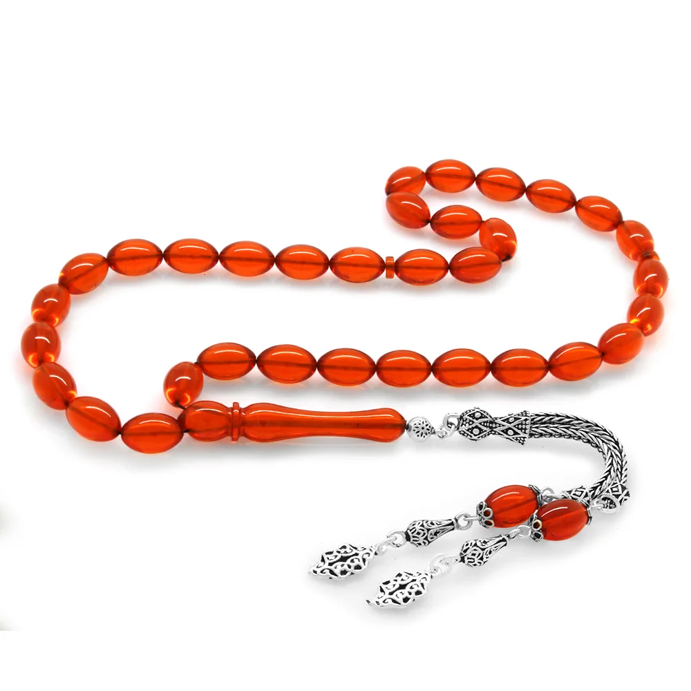 925 Sterling Silver Double Tasseled Barley Cut Red Fire Amber Rosary - 1