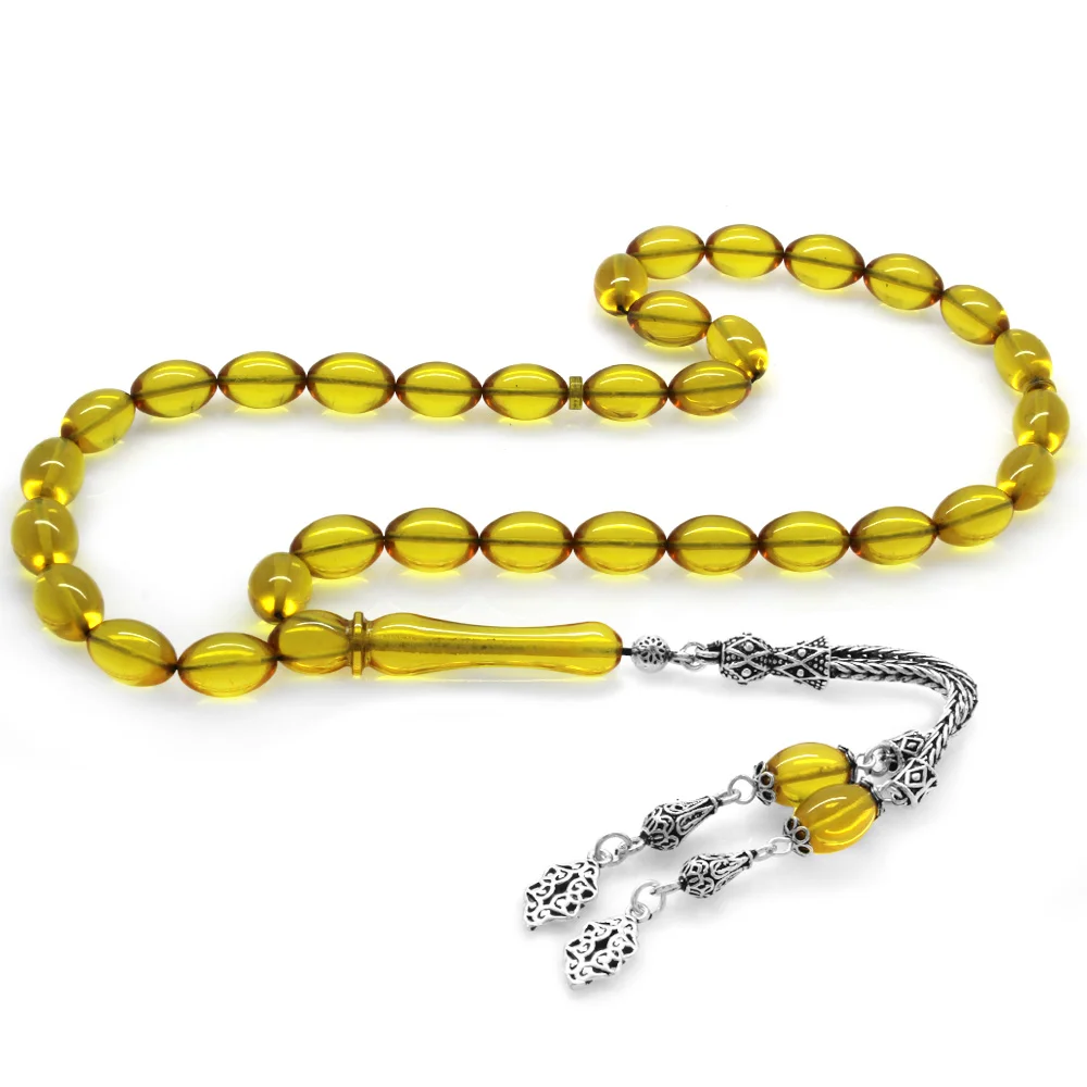 925 Sterling Silver Double Tasseled Barley Cut Transparent Yellow Fire Amber Rosary - 1
