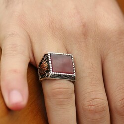 925 Sterling Silver Emblem And Tughra Agate Ring - Thumbnail