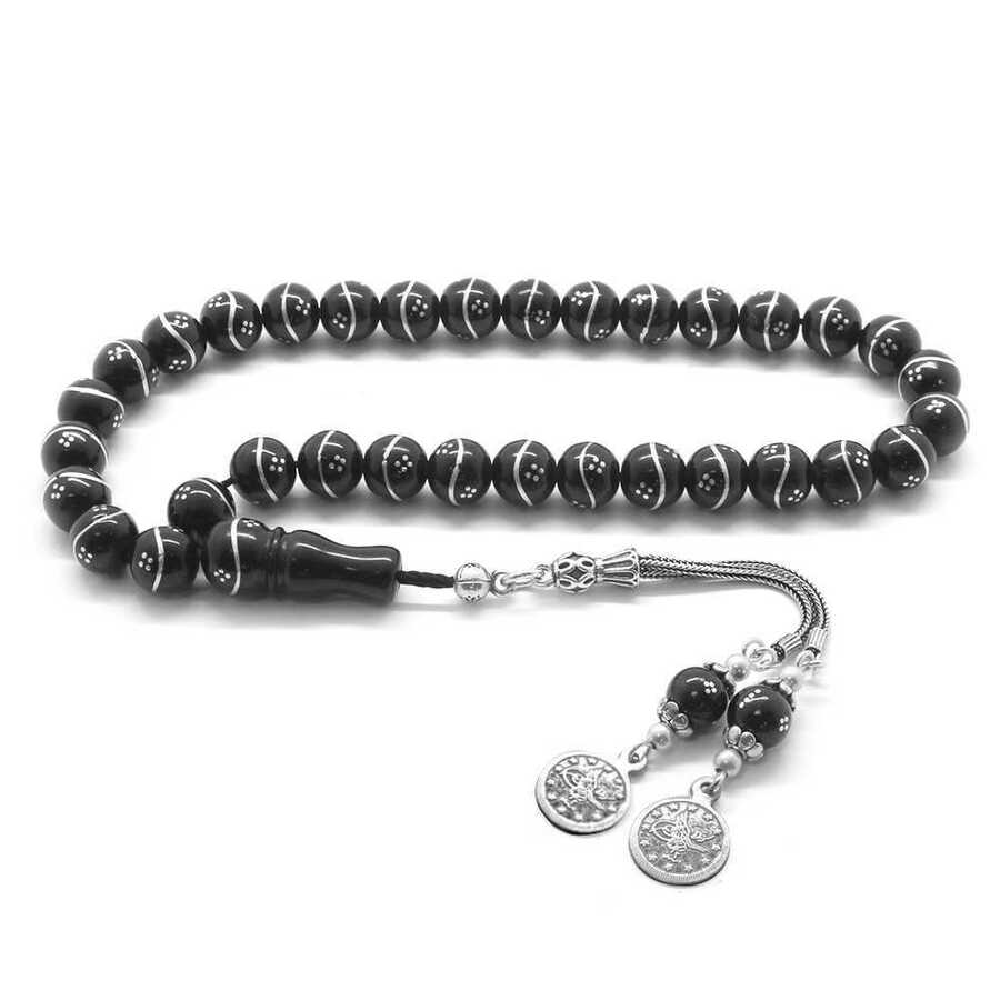 925 Sterling Silver Engraved Mecidiye Tasseled Silver Custom Made Russian Oltu Rosary Beads