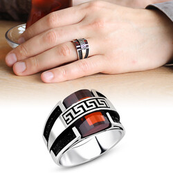 925 Sterling Silver Meander Ring With Red Zirconia - 1