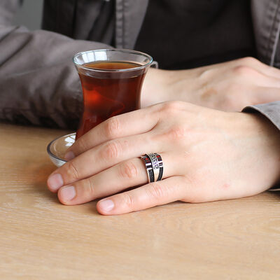 925 Sterling Silver Meander Ring With Red Zirconia - 3