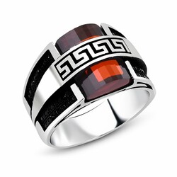 925 Sterling Silver Meander Ring With Red Zirconia - Thumbnail