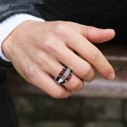 925 Sterling Silver Meander Ring With Red Zirconia - Thumbnail