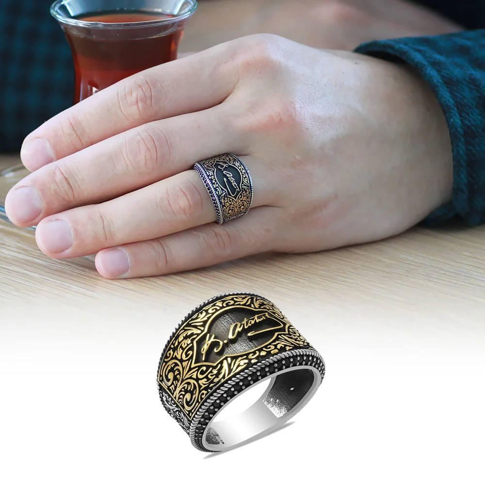 925 Sterling Silver Men's Micro Black Zircon Stone Set Signed Atatürk - Thumbnail