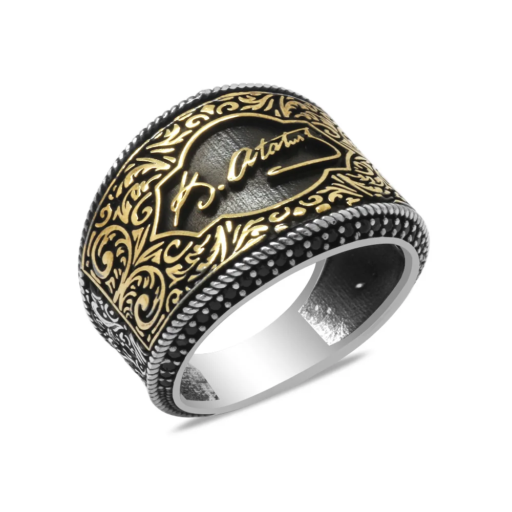 925 Sterling Silver Men's Micro Black Zircon Stone Set Signed Atatürk - Thumbnail
