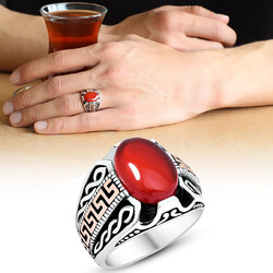 925 Sterling Silver Mens Ring Spiral Engraved Red Agate - Thumbnail
