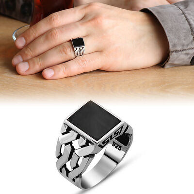 925 Sterling Silver Mens Ring With Black Onyx Chain - 1