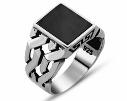 925 Sterling Silver Mens Ring With Black Onyx Chain - 2