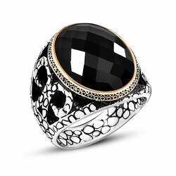 925 Sterling Silver Mens Ring With Black Onyx Faceted Stone - Thumbnail