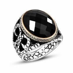 925 Sterling Silver Mens Ring With Black Onyx Faceted Stone