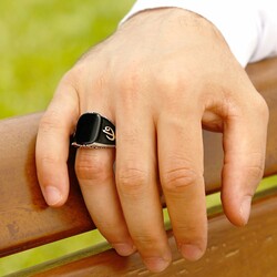 925 Sterling Silver Mens Ring With Black Onyx Written By Elif Vav - Thumbnail