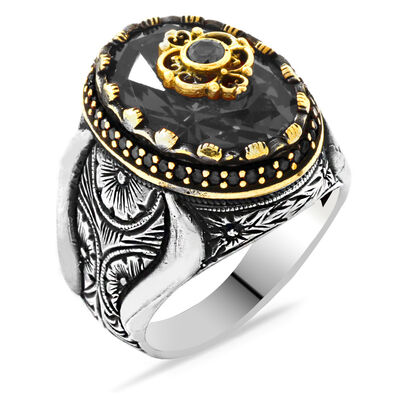 925 Sterling Silver Mens Ring With Black Zircon Faceted Stone - 3