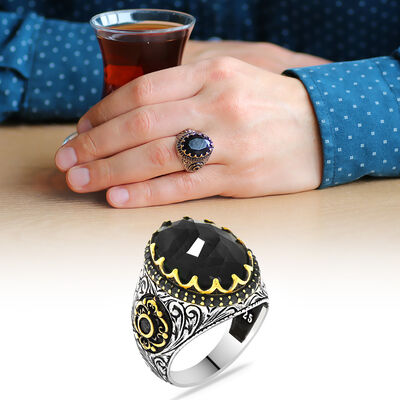 925 Sterling Silver Mens Ring With Black Zircon Faceted Stone - 1