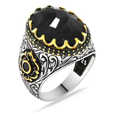 925 Sterling Silver Mens Ring With Black Zircon Faceted Stone