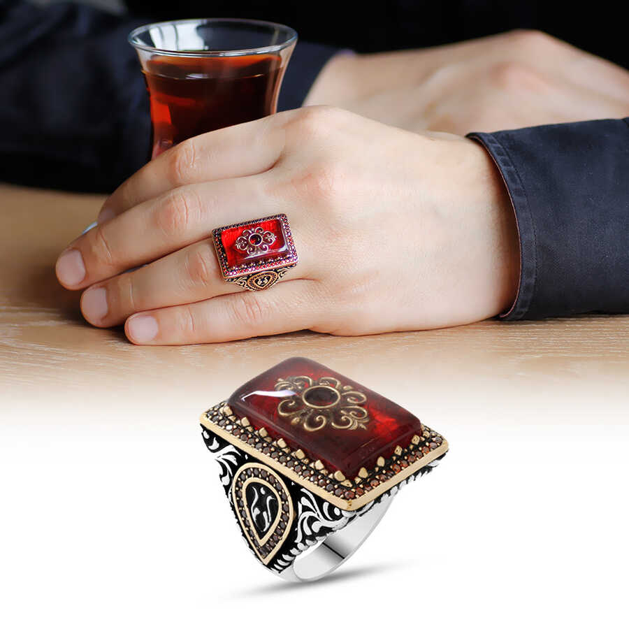 925 Sterling Silver Mens Ring With Detailed Embroidered Red Amber Kilim Pattern With Tulips