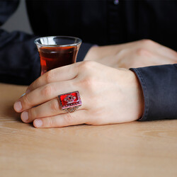 925 Sterling Silver Mens Ring With Detailed Embroidered Red Amber Kilim Pattern With Tulips - Thumbnail