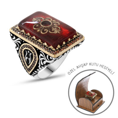 925 Sterling Silver Mens Ring With Detailed Embroidered Red Amber Kilim Pattern With Tulips