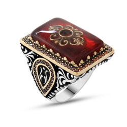 925 Sterling Silver Mens Ring With Detailed Embroidered Red Amber Kilim Pattern With Tulips - Thumbnail